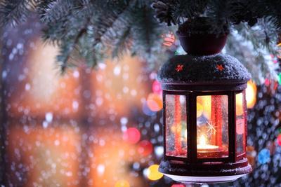 Christmas Lantern With Snowfall,Closeup - Wall Art Print, 24x16