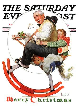 "Gramps on Rocking Horse" Saturday Evening Post Cover, December 16,1933 - Giclee Print, 12x16