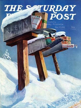 "Mailboxes in Snow," Saturday Evening Post Cover, December 27, 1941 - Giclee Print, 12x16
