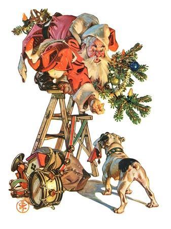 "Santa Up a Ladder,"December 20, 1930 - Giclee Print, 12x16