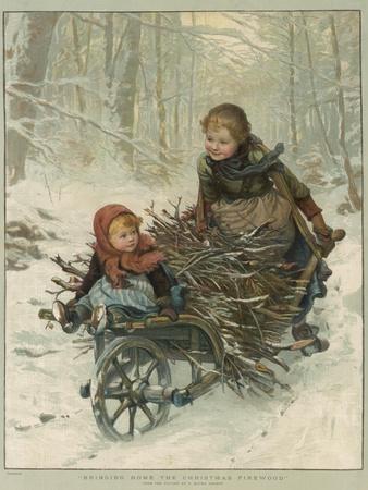 Two Children Bring Home a Barrow-Load of Firewood for the Christmas Fire - Photographic Print, 12x16