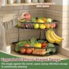 2 Tier Fruit Basket for Kitchen Counter - Detachable Metal Fruit Bowl with 2 Banana Hangers for Corner , Large Capacity Fruit Stand with Wooden...
