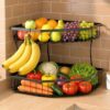 2 Tier Fruit Basket for Kitchen Counter - Detachable Metal Fruit Bowl with 2 Banana Hangers for Corner , Large Capacity Fruit Stand with Wooden...