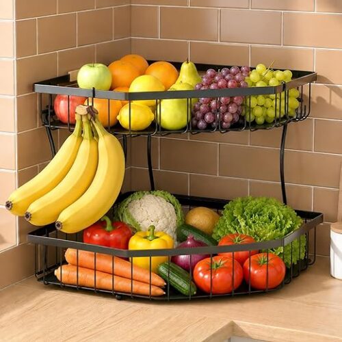 2 Tier Fruit Basket for Kitchen Counter - Detachable Metal Fruit Bowl with 2 Banana Hangers for Corner , Large Capacity Fruit Stand with Wooden...