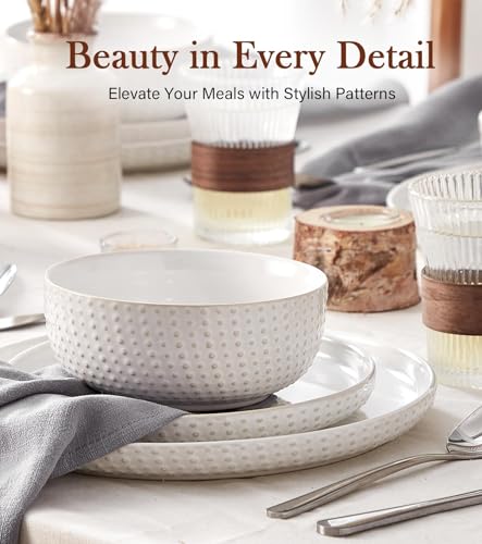 24 Piece Dinnerware Sets for 8 - Farmhouse Style Stoneware Plates and Bowls Sets - Scratch Resistant & Dishwasher Safe, Embossed Boho Ceramic Dish...