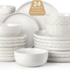 24 Piece Dinnerware Sets for 8 - Farmhouse Style Stoneware Plates and Bowls Sets - Scratch Resistant & Dishwasher Safe, Embossed Boho Ceramic Dish...