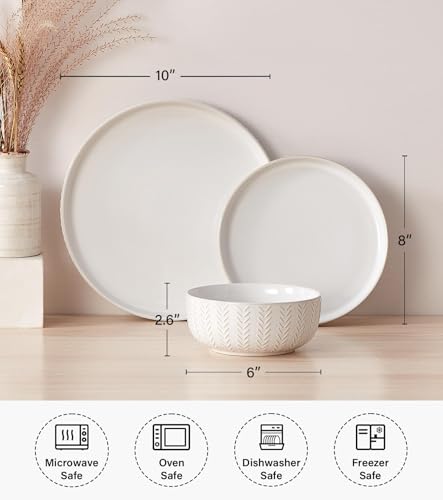 24 Piece Dinnerware Sets for 8 - Farmhouse Style Stoneware Plates and Bowls Sets - Scratch Resistant & Dishwasher Safe, Embossed Boho Ceramic Dish...