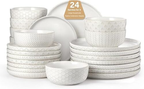 24 Piece Dinnerware Sets for 8 - Farmhouse Style Stoneware Plates and Bowls Sets - Scratch Resistant & Dishwasher Safe, Embossed Boho Ceramic Dish...