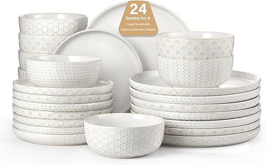 24 Piece Dinnerware Sets for 8 - Farmhouse Style Stoneware Plates and Bowls Sets - Scratch Resistant & Dishwasher Safe, Embossed Boho Ceramic Dish...
