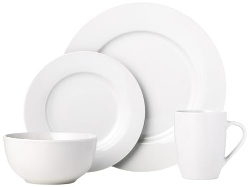 Amazon Basics 16-Piece Porcelain Dinnerware Set, Microwave and Dishwasher Safe, Service for 4, Plates, Bowls and Mugs, White