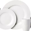 Amazon Basics 16-Piece Porcelain Dinnerware Set, Microwave and Dishwasher Safe, Service for 4, Plates, Bowls and Mugs, White