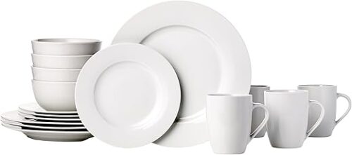 Amazon Basics 16-Piece Porcelain Dinnerware Set, Microwave and Dishwasher Safe, Service for 4, Plates, Bowls and Mugs, White
