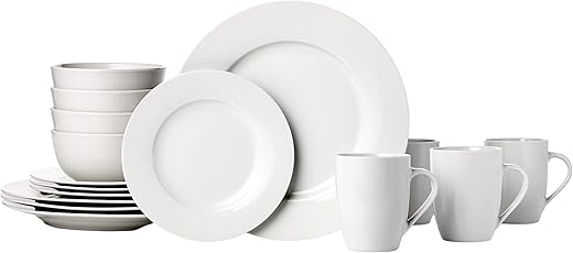 Amazon Basics 16-Piece Porcelain Dinnerware Set, Microwave and Dishwasher Safe, Service for 4, Plates, Bowls and Mugs, White