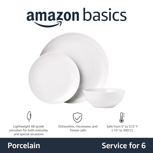 Amazon Basics 18-Piece Complete Kitchen Dinnerware Set, Microwave and Dishwasher Safe, Plates, Dishes, Bowls for Everyday Use, Service for 6, White...