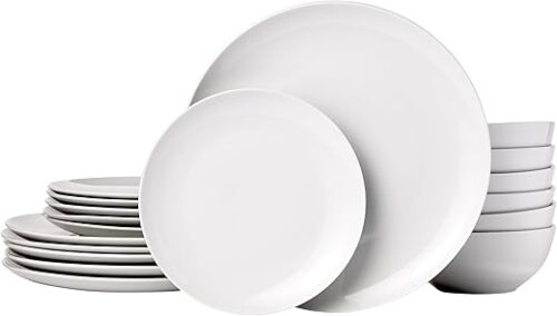 Amazon Basics 18-Piece Complete Kitchen Dinnerware Set, Microwave and Dishwasher Safe, Plates, Dishes, Bowls for Everyday Use, Service for 6, White...