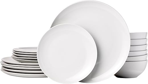 Amazon Basics 18-Piece Complete Kitchen Dinnerware Set, Microwave and Dishwasher Safe, Plates, Dishes, Bowls for Everyday Use, Service for 6, White...