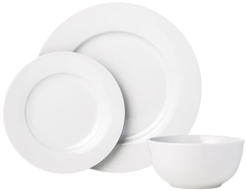 Amazon Basics Porcelain Dinnerware Set, Microwave and Dishwasher Safe, Service for 6, 18-Piece, Plates, Bowls, White