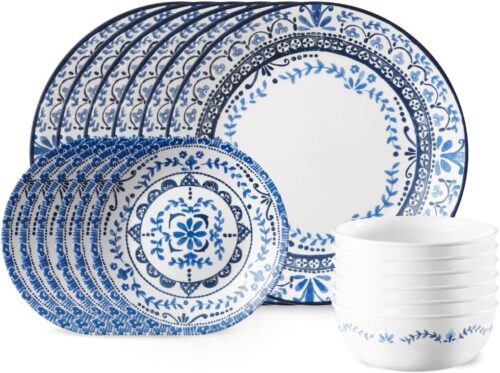 Corelle Vitrelle 18-Piece Service for 6 Dinnerware Set, Triple Layer Glass and Chip Resistant, Lightweight Round Plates and Bowls Set, Portofino