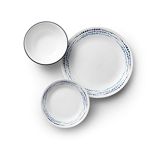 Corelle Vitrelle 18-Piece Service for 6 Dinnerware Set Triple Layer Glass and Chip Resistant, Lightweight Round Plates and Bowls Set, Ocean Blue