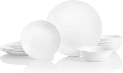 Corelle Vitrelle 18-Piece Service for 6 Dinnerware Set Triple Layer Glass and Chip Resistant, Lightweight Round Plates and Bowls Set, Winter Frost...