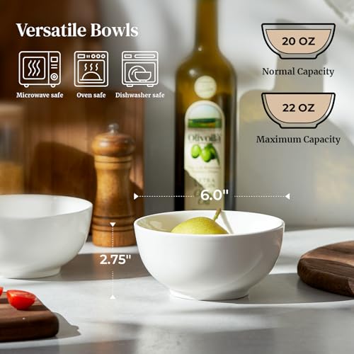 DOWAN 22 OZ White Ceramic Bowls Set of 4 - Perfect for Soup Bowls for Kitchen, Cereal Bowl, Ramen Bowl, Microwave Safe for Oatmeal, Fruit,Salad and...
