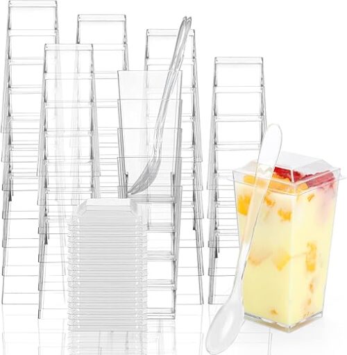 EASERCY 50 Pack 3 oz Square Mini Dessert Cups with Lids and Spoons Clear Dessert Shooter Cups with Spoons Parfait Cups with Lids Appetizer Cups for...