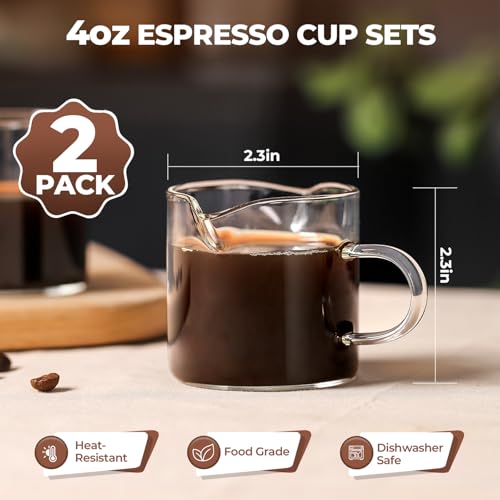 Espresso Cups Set of 2 - 4 Oz Espresso Shot Glass with Handle Double Spout Cups Clear Glass Milk Cup Espresso Accessories Great for Making Coffee...