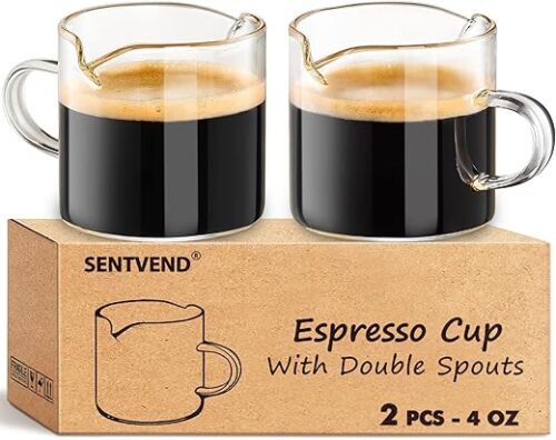 Espresso Cups Set of 2 - 4 Oz Espresso Shot Glass with Handle Double Spout Cups Clear Glass Milk Cup Espresso Accessories Great for Making Coffee...