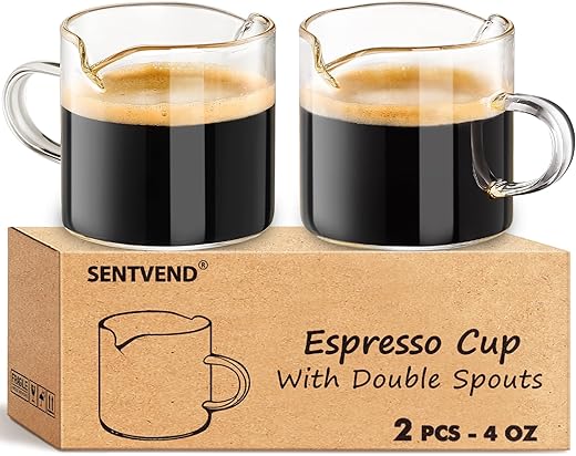 Espresso Cups Set of 2 - 4 Oz Espresso Shot Glass with Handle Double Spout Cups Clear Glass Milk Cup Espresso Accessories Great for Making Coffee...