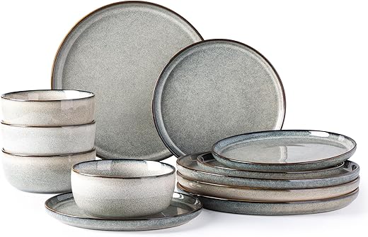 GBHOME Ceramic Dinnerware Sets for 4, 12 Pieces Stoneware Plates and Bowls Sets, Reactive Glaze Dishes -Scratch Resistant, Dishwasher&Microwave...