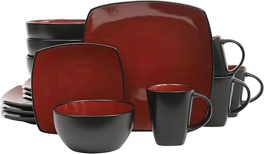Gibson Elite Soho Lounge Square 16-Piece Dinnerware Set, Service for 4, Reactive Glaze Stoneware Plates and Bowls, Modern Dishes, Microwave &...