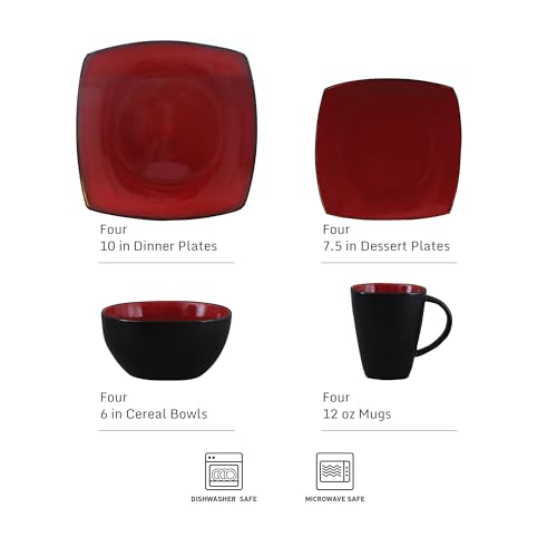 Gibson Elite Soho Lounge Square 16-Piece Dinnerware Set, Service for 4, Reactive Glaze Stoneware Plates and Bowls, Modern Dishes, Microwave &...