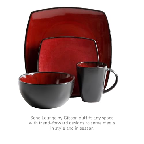 Gibson Elite Soho Lounge Square 16-Piece Dinnerware Set, Service for 4, Reactive Glaze Stoneware Plates and Bowls, Modern Dishes, Microwave &...