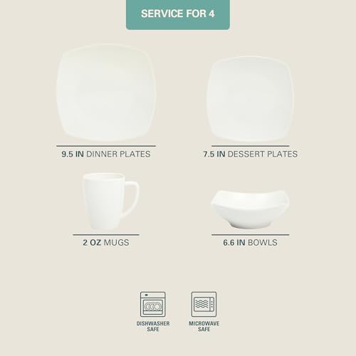 Gibson Home Zen Buffet White Porcelain Dinnerware Set for 4, Square Plates Bowls and Mugs, Chip and Scratch Resistant, Dishwasher and Microwave...