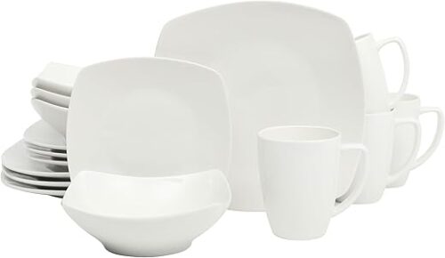 Gibson Home Zen Buffet White Porcelain Dinnerware Set for 4, Square Plates Bowls and Mugs, Chip and Scratch Resistant, Dishwasher and Microwave...