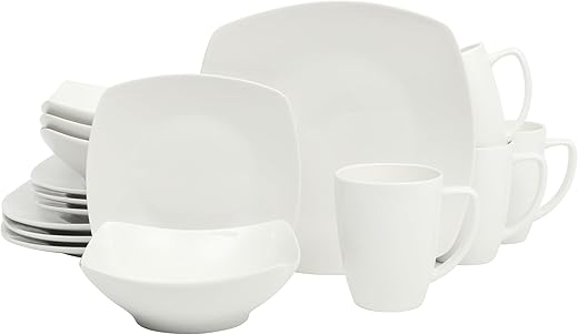 Gibson Home Zen Buffet White Porcelain Dinnerware Set for 4, Square Plates Bowls and Mugs, Chip and Scratch Resistant, Dishwasher and Microwave...