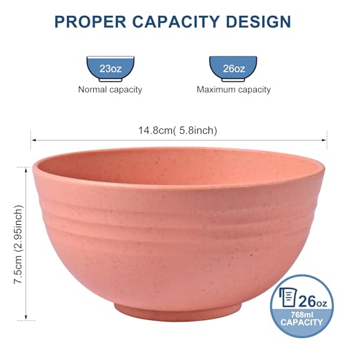 HOTEC BPA Free Unbreakable Wheat Straw Cereal Bowls - Microwave & Dishwasher Safe Soup and Salad Bowls, Set of 8, 26oz, Multicolor