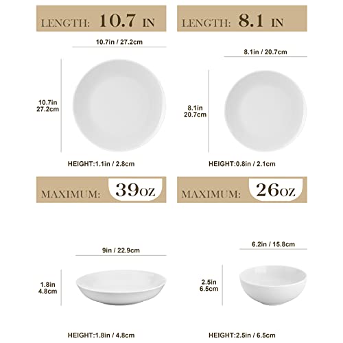 MALACASA 24-Piece Gourmet Porcelain Dinnerware Sets, Modern White Round Dish Set for 6 - Premium Serving Plates and Bowls Sets for Dessert, Salad,...