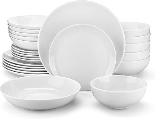 MALACASA 24-Piece Gourmet Porcelain Dinnerware Sets, Modern White Round Dish Set for 6 - Premium Serving Plates and Bowls Sets for Dessert, Salad,...
