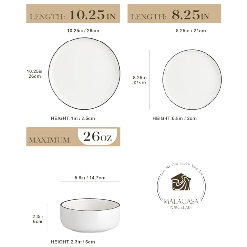 MALACASA Plates and Bowls Sets, 12 Pieces Modern Porcelain Dinnerware Set for 4 White Kitchen Dinner Dining Ware Set wtih Black Rim Ceramic...