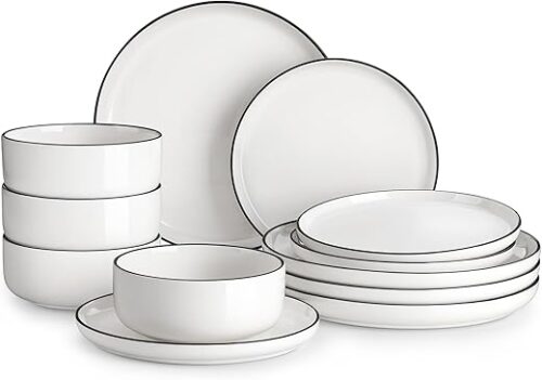 MALACASA Plates and Bowls Sets, 12 Pieces Modern Porcelain Dinnerware Set for 4 White Kitchen Dinner Dining Ware Set wtih Black Rim Ceramic...