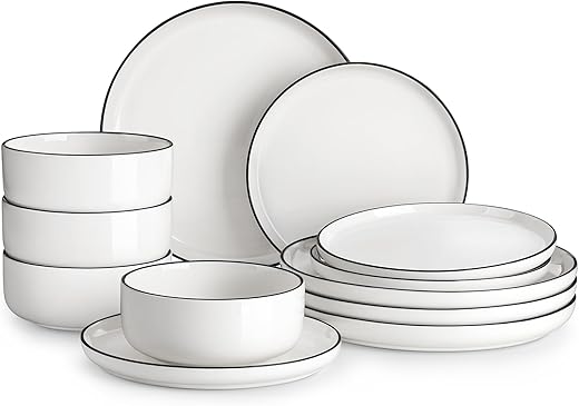 MALACASA Plates and Bowls Sets, 12 Pieces Modern Porcelain Dinnerware Set for 4 White Kitchen Dinner Dining Ware Set wtih Black Rim Ceramic...