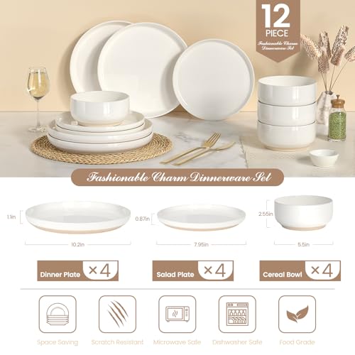 Plates and Bowls Sets, Dinnerware Sets for 4, 12 Pieces Scratch Resistant Dishware Dishes Set, Ceramic Kitchen Dinner Set, Porcelain & Microwave...