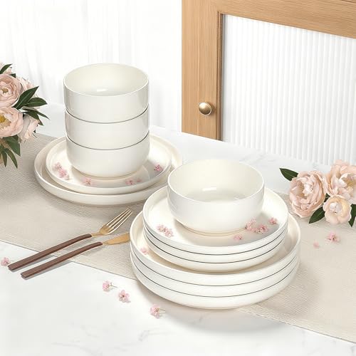 Plates and Bowls Sets, Dinnerware Sets for 4, 12 Pieces Scratch Resistant Dishware Dishes Set, Ceramic Kitchen Dinner Set, Porcelain & Microwave...