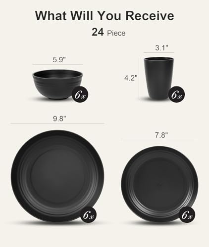 Quatish 24 Piece Plates and Bowls Sets for 6, Unbreakable Dinnerware Sets, Dish Set for Camping, Dishwasher Microwave Safe, Outdoor Kitchen and...