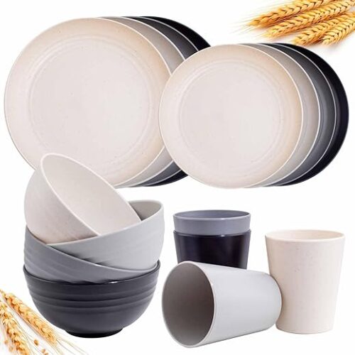 Rubtlamp Wheat Straw Dinnerware Sets, 16PCS Plastic Dinnerware Set for 4, Wheat Straw Plates and Bowls Sets, Unbreakable Dinnerware Plastic...