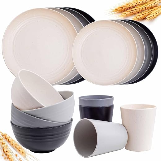 Rubtlamp Wheat Straw Dinnerware Sets, 16PCS Plastic Dinnerware Set for 4, Wheat Straw Plates and Bowls Sets, Unbreakable Dinnerware Plastic... Rubtlamp Wheat Straw Dinnerware Sets, 16PCS Plastic Dinnerware Set for 4, Wheat Straw Plates and Bowls Sets, Unbreakable Dinnerware Plastic...