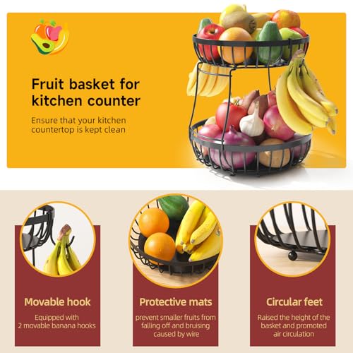 Sevenblue 2 Tier Large Fruit Basket for Kitchen Counter with 2 Banana Hangers, Metal Stackable Fruit Bowl for Kitchen Counter for Bread Vegetable...