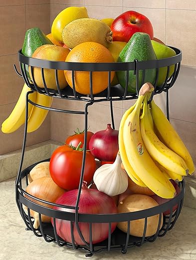 Sevenblue 2 Tier Large Fruit Basket for Kitchen Counter with 2 Banana Hangers, Metal Stackable Fruit Bowl for Kitchen Counter for Bread Vegetable...
