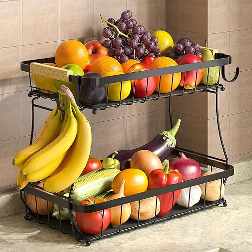 Sevenblue 2 Tier Large Fruit Basket for Kitchen Counter with 2 Mobile Banana Hangers, 2026 Pro Detachable Metal Fruit Bowl with Wooden Handle,...